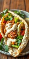 Delicious falafel wrap garnished with fresh vegetables and tahini sauce on a wooden table photo