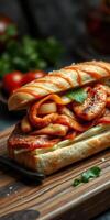 Juicy chicken sandwich with peppers and sauce served on a wooden board in a rustic kitchen setting photo