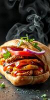 Delicious sandwich with grilled chicken, fresh vegetables, and sauce served hot with steam rising in a cozy setting photo