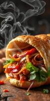 Delicious spicy wrap filled with fresh ingredients and garnished with herbs steaming hot photo