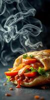 Delicious freshly prepared sandwich with vegetables, garnished and steaming with aroma photo