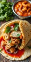 Delicious tortilla wrap filled with spicy chicken, fresh vegetables, and garnished with herbs photo