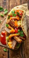 Grilled meat wrap filled with fresh veggies and sauce served on rustic wooden table photo