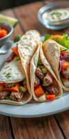 Delicious beef tacos served with fresh vegetables in a cozy setting at a vibrant restaurant photo