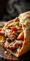 Delicious wrap filled with savory beef, fresh vegetables, and fragrant spices enjoyed at a cozy restaurant in the evening photo