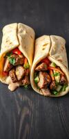 Freshly made grilled chicken wraps with colorful vegetables and sauce served on a wooden table photo