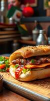 Delicious sandwich with grilled meat, fresh vegetables, and condiments served on a wooden platter in a cozy kitchen setting photo