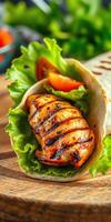 Grilled chicken wrap with fresh vegetables served on a wooden cutting board in a vibrant kitchen setting photo