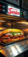 Delicious shawarma sandwich being grilled in an oven at Sunder Balakes restaurant during lunchtime photo