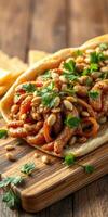 Delicious falafel wrap with chickpeas, pine nuts, and fresh herbs served on a wooden board photo