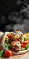 Delicious grilled kebabs wrapped in warm flatbread with fresh vegetables and herbs on a wooden surface photo