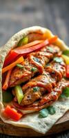 Grilled chicken wrap filled with fresh vegetables and savory sauce ready to enjoy photo