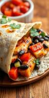 Delicious chicken and vegetable burrito with fresh ingredients served on a wooden table photo