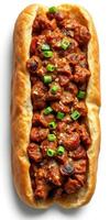 Tasty meat topped sandwich filled with savory sauce and fresh green onions ready to enjoy photo