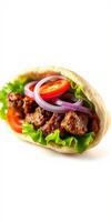 Delicious pita wrap filled with grilled meat, fresh vegetables, and vibrant toppings at a summer picnic photo