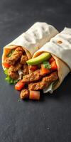 Delicious wraps filled with grilled meat, fresh vegetables, and herbs on a dark surface photo