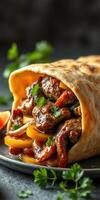 Delicious beef fajita wrap filled with peppers and cilantro served on a gray plate photo