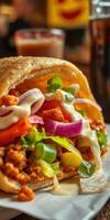Delicious close-up of a taco filled with seasoned meat, fresh vegetables, and creamy sauce on a vibrant table setting photo