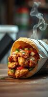 Delicious chicken wrap filled with fresh vegetables, served hot at a lively street food market in the afternoon photo