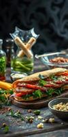 Exquisite sandwich preparation with fresh ingredients and flavorful accompaniments at an urban kitchen photo