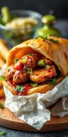 Delicious meatball sandwich served in a fresh bun with toppings, perfect for a hearty meal photo