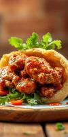 Delicious spicy chicken served in a warm pita with fresh greens and sauce photo