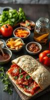 Delicious sandwich filled with savory ingredients served with fresh vegetables and sauces photo