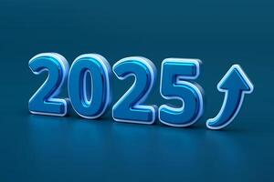2025 futuristic design with shiny blue numbers and upward arrow symbolizing growth, progress, and optimism for the future, 3d rendering photo