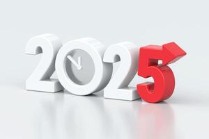 2025 New Year concept with clock inside zero and red arrow pointing forward, symbolizing time and progress, 3d rendering photo