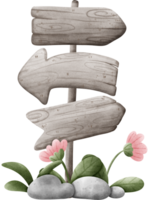 A wooden signpost with three arrows pointing in different directions stands in a field. The signpost is surrounded by pink flowers, green leaves, and gray stones. png