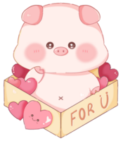 Cute Chubby Pig in a Box of Hearts with For U Message png