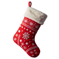 Bright red with intricate ornament designs, this Christmas sock is a must-have for decorating your mantel in style. png