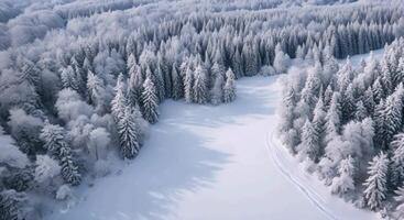 Aerial view of a snow-covered forest with frost-tipped trees in winter. video