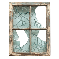 Rustic Window Frame with Broken Glass Panes and Peeling Paint png