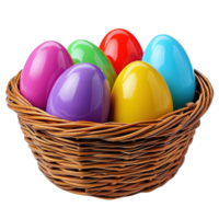 Easter-Themed Wicker Basket with an Array of Colorful Plastic Eggs png