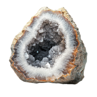 Elegant Geode with Shiny Amethyst Crystals and Earthy Outer Layer png