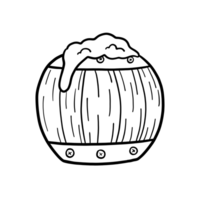 A simple black and white line drawing of a beer keg filled with foam. This drawing has clean lines and a simple design, perfect for icons or prints. png