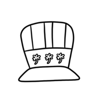 Minimalist black and white illustration of a St. Patrick's Day hat. Drawn with a simple outline and a shamrock in the center. This design is perfect for creating something simple. png