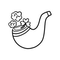 Line art brown smoking pipe with a rim, emitting smoke and adorned with a lucky three-leaf clover, symbolizing charm and fantasy. png