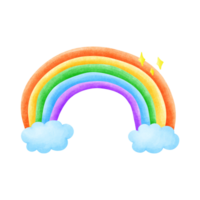 A vibrant watercolor painting of a rainbow with two fluffy clouds on either side. The rainbow is depicted with bright, saturated colors and has a sparkling effect at the top. png
