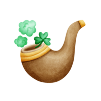 A brown smoking pipe with a golden rim, emitting green smoke and adorned with a lucky three-leaf clover, symbolizing charm and fantasy. png