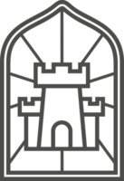 Church glass window. Gothic arch frame with medieval symbol. Vintage architecture element. Stained mosaic decoration with tower png