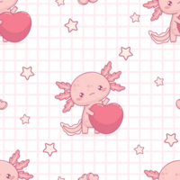 Seamless pattern with pink Axolotl with heart on checkered background png