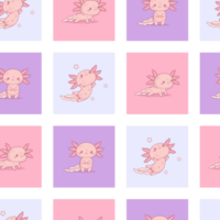 Seamless pattern with Axolotl multi-colored checkered background with little character png