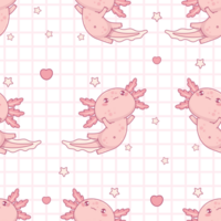 Seamless pattern with cute Axolotl on checkered background with hear png