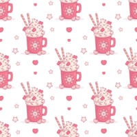 Seamless pattern with Festive cup with Hot Cocoa, cream dessert with Marshmallows hearts png