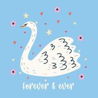 Happy Valentine's day greeting card with swan on a blue background. Handdrawn illustration. vector