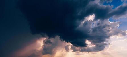 dark dramatic clouds in cloudy sky in a storm and rain at sunset. Panorama of the sky photo