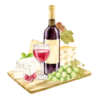 Red wine and snack served on a wooden board. Bottle, glass, green grapes, brie and cheddar cheese and figs. Composition for restaurant menu or wine list design. Clipart in rustic style. png