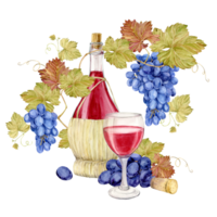 Bottles of red wine in a wicker basket sealed with a cork. Watercolor illustration of a glass in basket woven from a straw rod. Clipart for wine tasting or wine list design. png